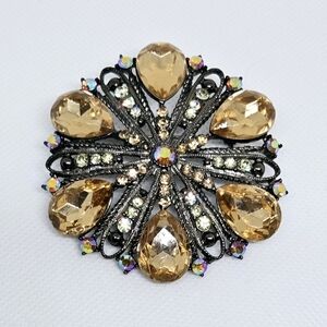 Vintage Gold Black Rhinestone Floral Statement Brooch Pin
